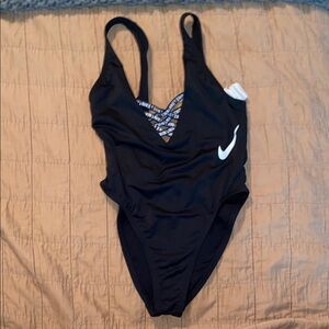 Nike Black and White One-Piece Swimsuit V-Neck